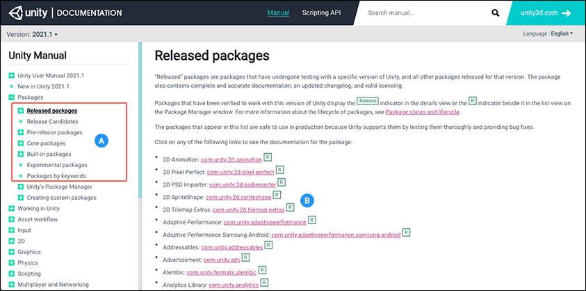 List of Unity packages available in the manual