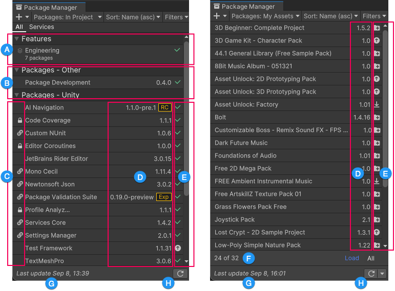 The image on the left displays all features sets and packages installed in your project, and the image on the right displays packages from My Assets