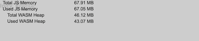 The Diagnostics overlay shows the JavaScript memory distribution and the WASM heap memory usage