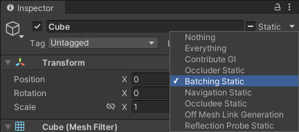The Static Editor Flags checkbox in the Inspector for a GameObject.