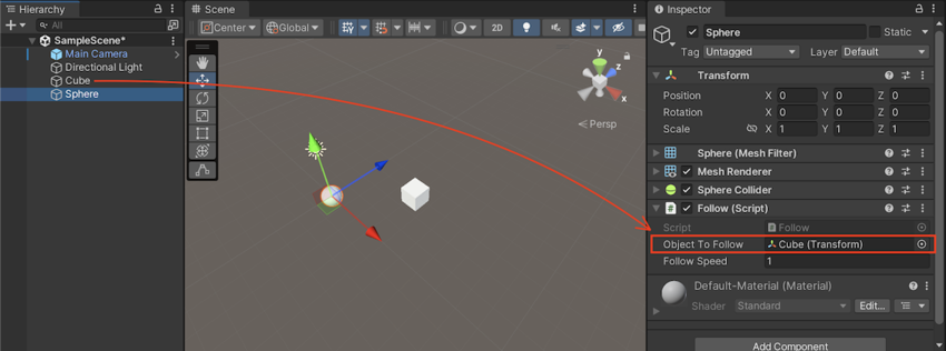 A public Transform field with a GameObject assigned. Here the script is on the Sphere (currently selected), and the Cube was dragged and dropped from the Hierarchy into the Spheres Object To Follow field