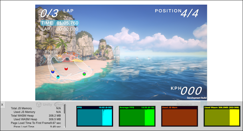 The Diagnostics overlay shows the Javascript memory distribution and the WASM heap memory usage