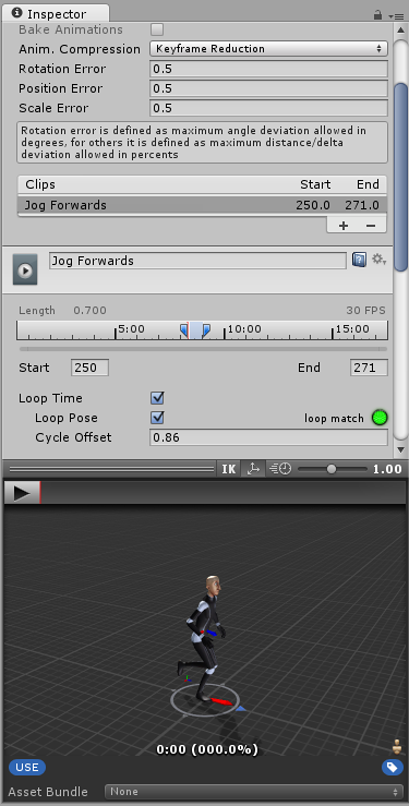 An example of an imported animation clip, viewed in Unitys inspector window