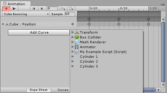 Child <span class="doc-keyword">Game Objects</span> appear in the list of animatable properties when pressing the Add Curve button. They can be expanded to view the animatable properties on those child Game Objects<span class="doc-keyword">Animation View</span>.