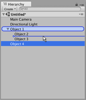 In this image, Object 4 (selected) is being dragged between Object 2 and Object 3 (indicated by the blue horizontal line), to be placed here as a sibling of these two objects under the parent object Object 1 (highlighted in a blue capsule).