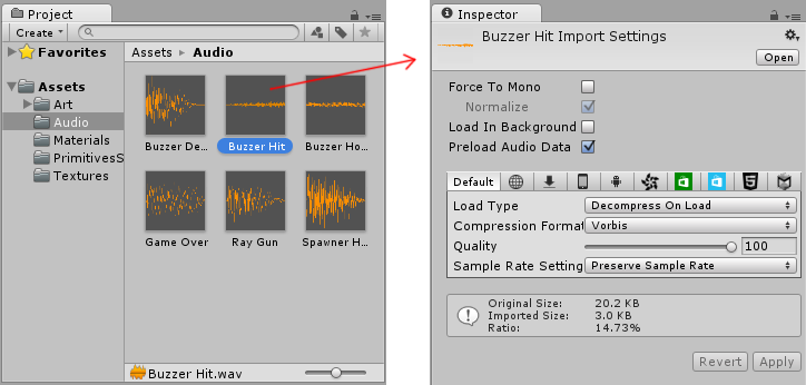 An Audio asset selected in the Project Window shows the Audio import settings for that asset in the Inspector