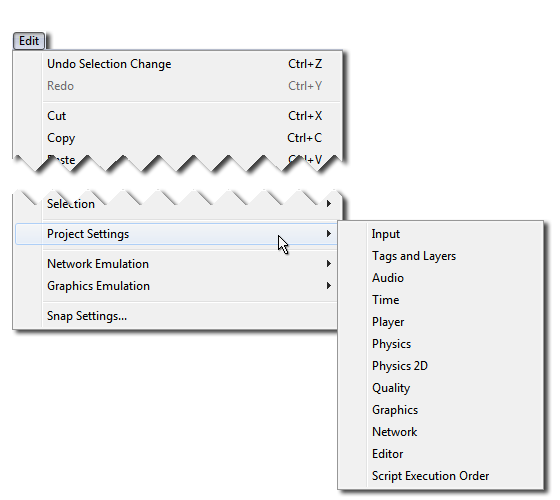 The Project Settings menu