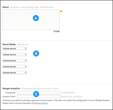 Optional sections: A-About, B-Social links, C-Google Analytics