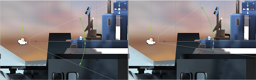 The images above show the camera frustuim before (left) and after (right) a Y-axis lens shift. Shifting the lens up makes the frustum oblique.