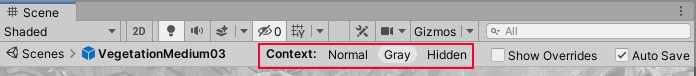 The Prefab Mode controls in the Prefab bar in at the top of the Scene view, including the Context control and the Show Overrides toggle