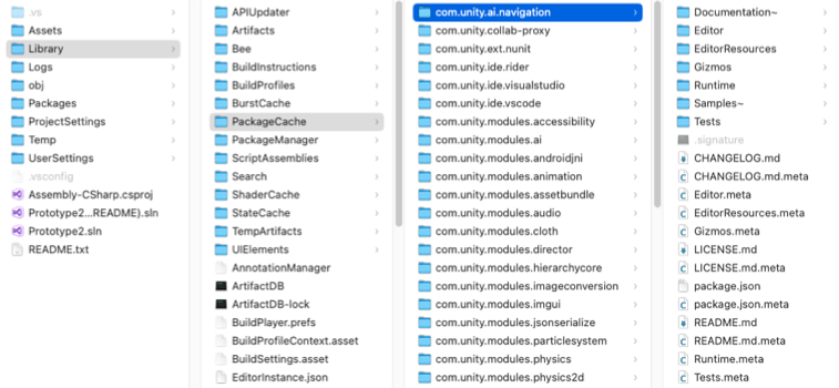 File browser opened to the package folder under the projects package cache