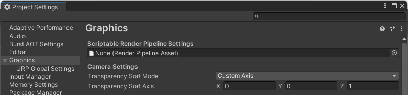 The default location of the Transparency Sort Mode settings when no specific URP Pipeline is selected.