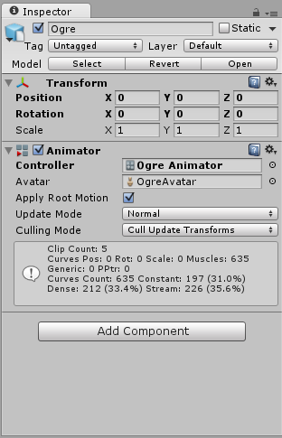 The Ogre character uses an Animator Override Controller asset as its Controller in the Animator Component