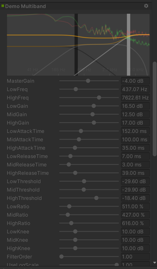 Equalizer GUI with overlaid spectrum analysis (green curve is source, red is processed).