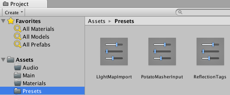 Example of Preset assets in the Project window, organized in a Presets subfolder