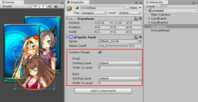 A Sprite Mask with a Custom Range setting ensures the mask will affect only sprites in the specified Sorting Layer or Order in Layer range