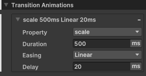 This transition causes a visual element to adjust its scale over 500 milliseconds in a linear fashion after a delay of 20 milliseconds.