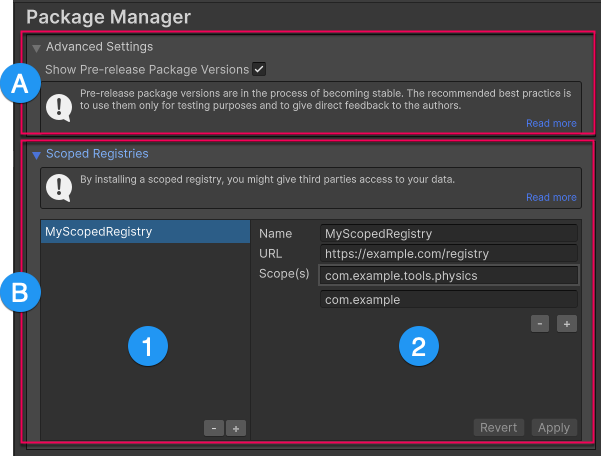 Properties for the Package Manager