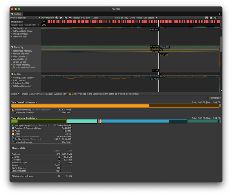 Profiler window with the Memory module selected