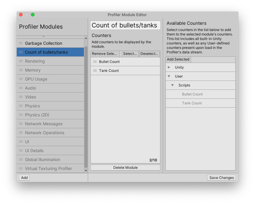 The Profiler Module Editor window, with a new module selected