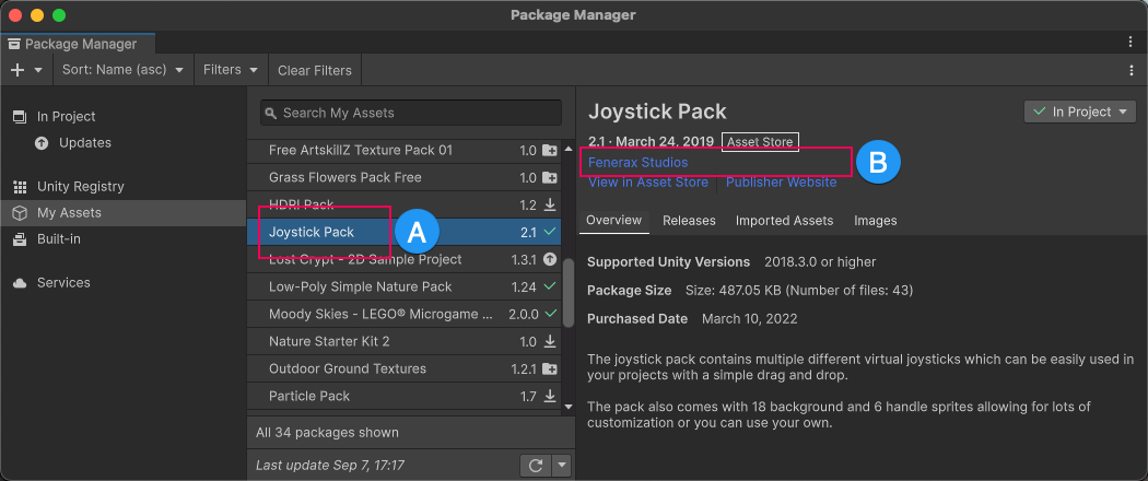 The My Assets context shows the package name (A) and the publisher name (B)