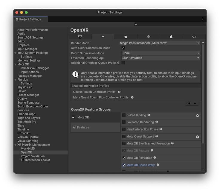 OpenXR settings page showing spacewarp feature option added by Meta SDK.