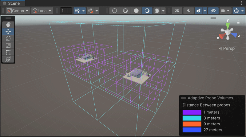 In this screenshot from the Rendering Debugger, the small purple bricks contain Light Probes spaced 1 meter apart, to capture data from high-geometry areas. The large blue bricks contain Light Probes spaced 3 meters apart, to capture data from areas with less geometry.