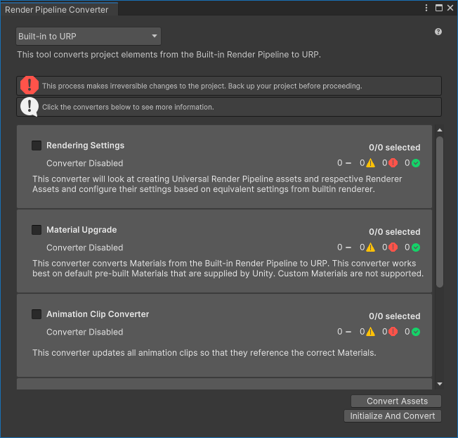 Render Pipeline Converter dialog