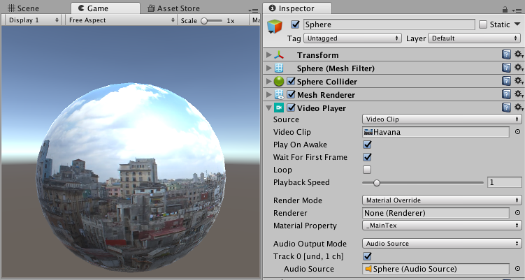 A Video Player component attached to a spherical GameObject, playing the Video Clip on the GameObject’s main Texture (in this case, the Texture of the Mesh Renderer)