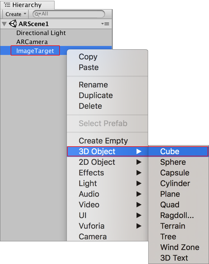 Adding a Cube Primitive as a child to the Image Target GameObject