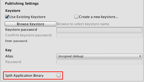 Player Settings 窗口的 Publishing Settings 部分，其中突出显示了 Split Application Binary 复选框