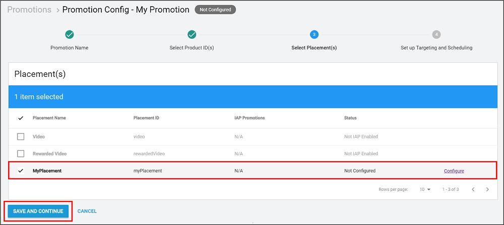 在开发者控制面板 (Developer Dashboard) 中选择要包含在推荐 (Promotion) 中的广告位