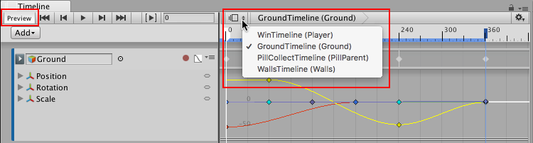 Timeline Preview 按钮以及时间轴选择器和菜单。选择时间轴实例会自动启用 Timeline Preview 按钮。