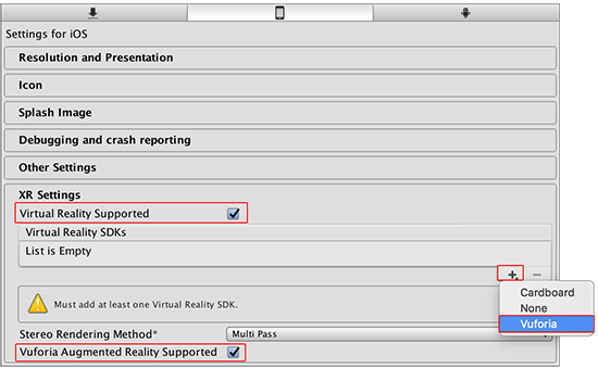 XR Settings 中的 Vuforia Augmented Reality Support 和 Virtual Reality SDKs 列表