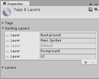 Sorting Layers 列表显示了四个自定义排序图层