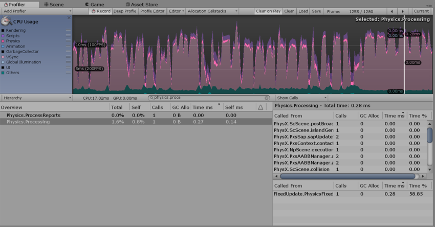 Calls 列中的值为 1 的 Physics Profiler