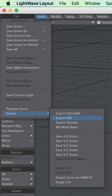 访问 LightWave Layout 中的 FBX 导出选项