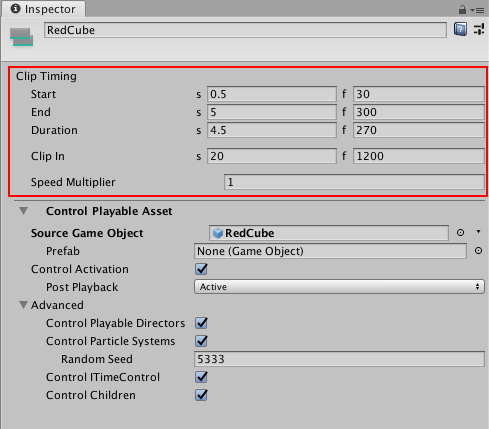 Inspector window when selecting a Control clip in the Timeline window