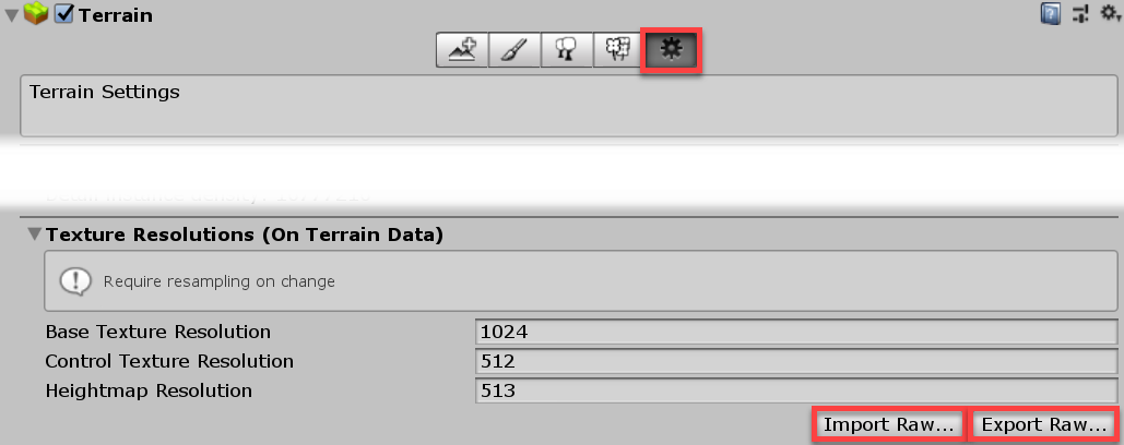 Terrain Settings Inspector 中的 Import Raw 按钮和 Export Raw 按钮