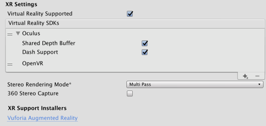 独立平台播放器的 XR Settings