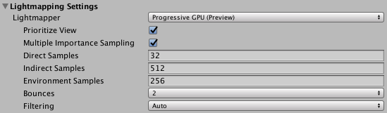 The properties available in the Lighting windows Lightmapping Settings when Lightmapper is set to Progressive GPU (Preview)