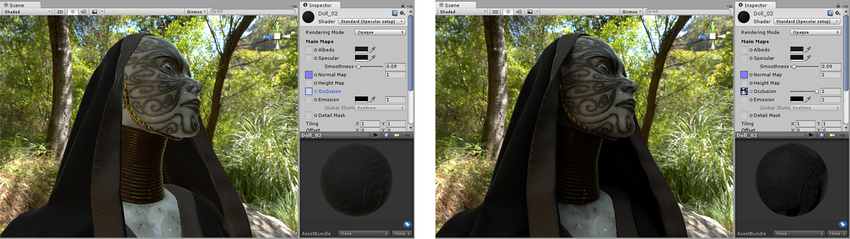 应用遮挡贴图之前和之后的比较。在左侧，部分遮挡的区域（尤其是颈部周围的织物褶皱）的光照亮度太高。在分配环境光遮挡贴图后，这些区域不再被周围树木繁茂环境的绿色环境光所照亮。