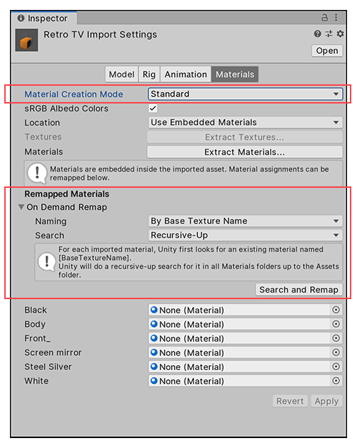 Import Settings 窗口 Materials 选项卡上的 Material Creation Mode 设置为 Standard