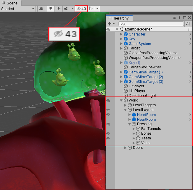 场景可见性计数器显示此场景中有 43 个隐藏游戏对象