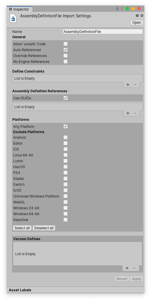 程序集定义 (Assembly Definition) Inspector