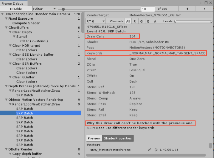 在 Frame Debugger 窗口中，可以找到有关各个批次的详细信息，包括 SRP Batcher 创建新批次而不是继续使用现有批次的原因。