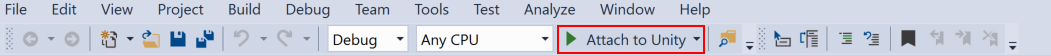 Visual Studio 中的 Attach To Unity 按钮