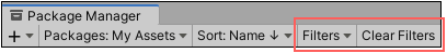 Filters 下拉菜单和 Clear Filters 按钮允许您缩小列表中出现的 Asset Store 资源包的范围