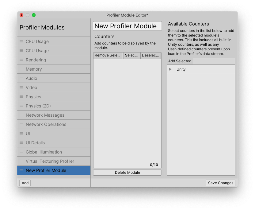  Profiler Module Editor 窗口，选择了一个新模块