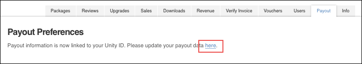 单击 Payout 选项卡上的链接以转到您的 Unity ID